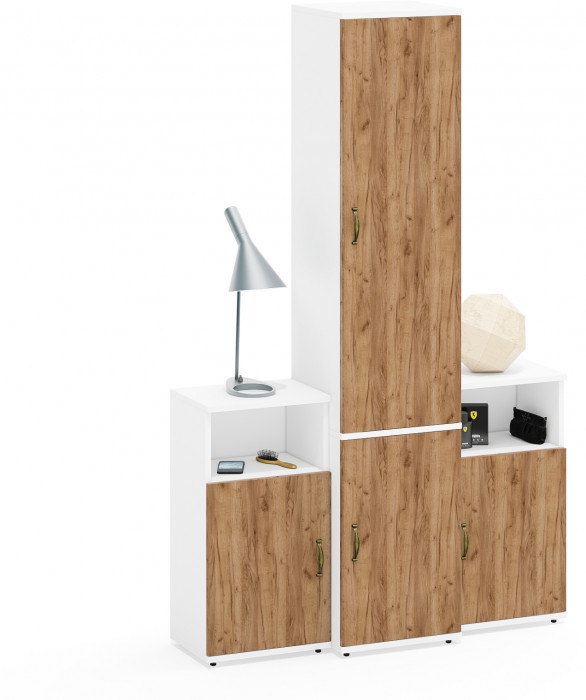 Лидер-8 Пенал МД 21Б + Тумба МД 3.19 + Тумба МД 3.19, цвет белый шагрень/крафт золото, ШхГхВ 120х37,5х190 см., универсальная сборка