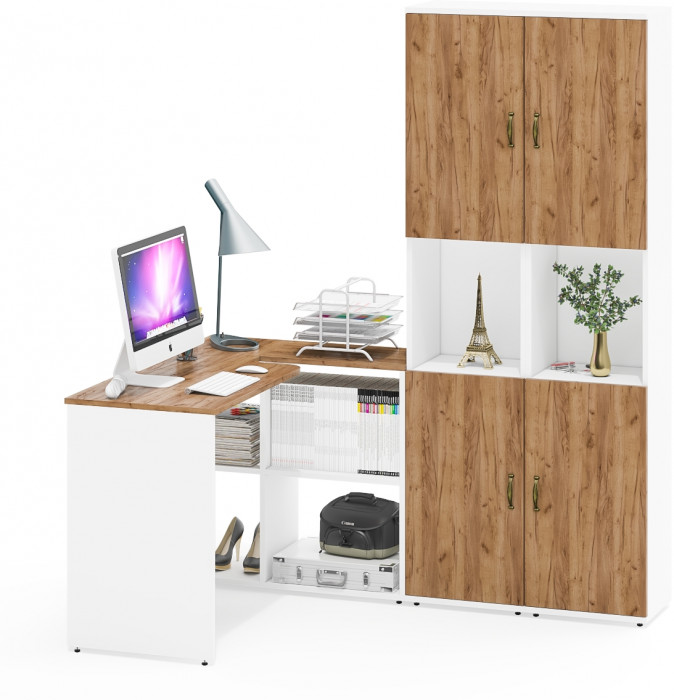 Лидер-8 Стол + Пенал + Пенал, цвет белый шагрень/крафт золото, ШхГхВ 245х50/30х75/190 см. или 115х50/160х75/190 см., НЕ универсальная сборка