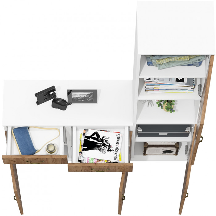 Лидер-8 Пенал + Тумба МД 3.15 + Тумба МД 3.15, цвет белый шагрень/крафт золото, ШхГхВ 120х30х190 см., универсальная сборка