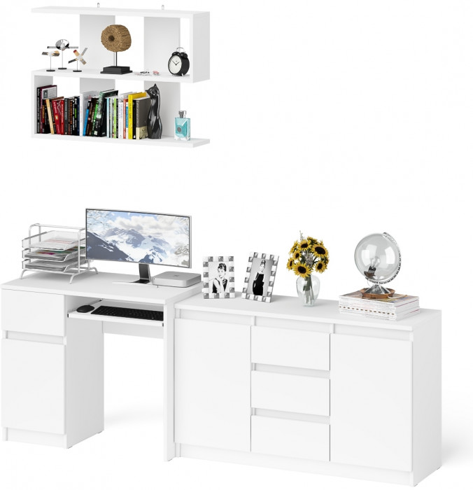 Мори Стол компьютерный МС-1 левый + Комод МК1200.3 + Полка 900, цвет белый, ШхГхВ 210,4х50х209,6 см., НЕ универсальная сборка