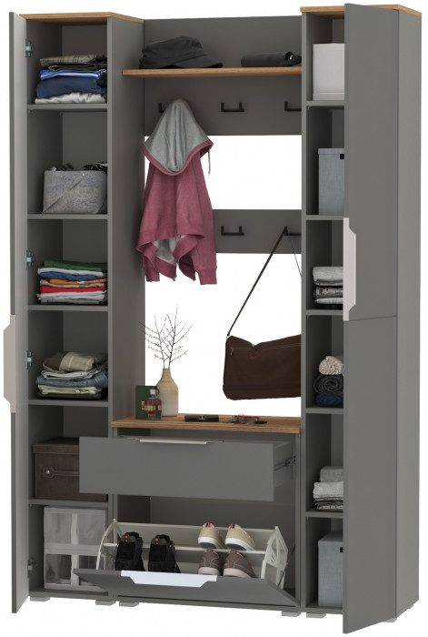 Октава Прихожая 20, цвет серый графит/дуб крафт золотой/фасады МДФ серый графит, ШхГхВ 129,3х35,4х197,6 см., универсальная сборка