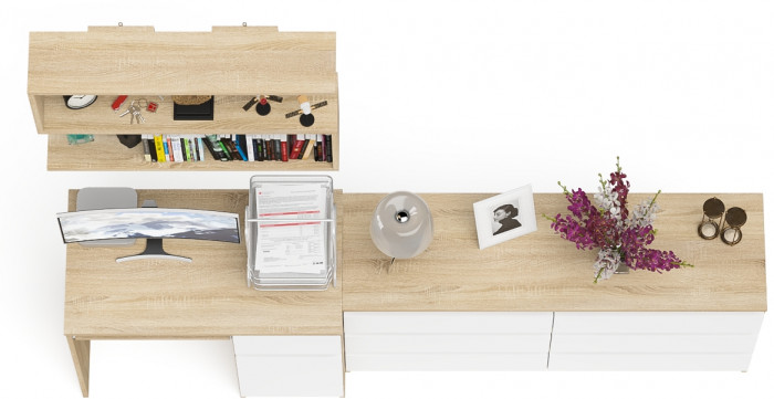 Мори компьютерный стол МС-1 правый + Комод МК1380.6 + Полка 900, дуб сонома/белый