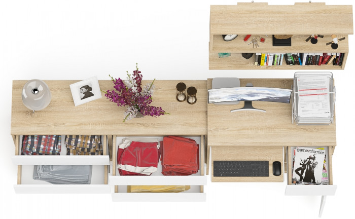 Мори компьютерный стол МС-1 правый + Комод МК1380.6 + Полка 900, дуб сонома/белый