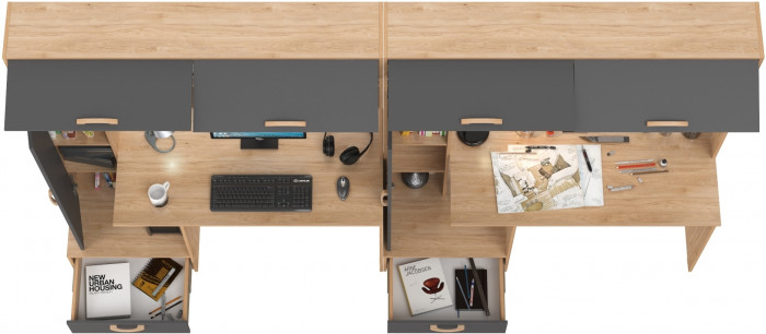 Лайт Стол письменный 03.243Н + Лайт Стол письменный 03.243Н, цвет гикори рокфорд натуральный/тёмно-серый, ШхГхВ 300,4х57,3х179,9 см., НЕ ун. сборка