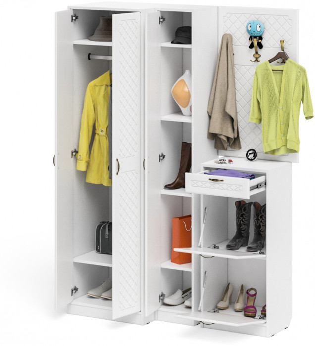 Прихожая П-6 Компоновка № 30, белая шагрень/фасады МДФ белое дерево фрезеровка ромб