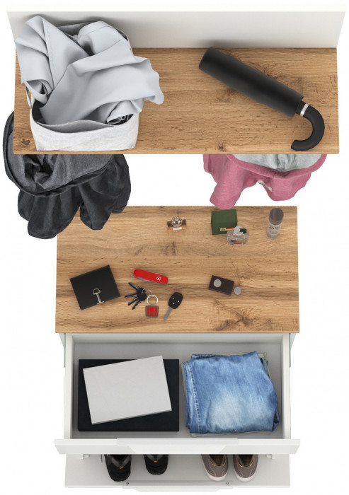 Октава 16.127 Тумба для обуви + 15.14.01 Вешалка, белый шагрень/дуб крафт золотой/фасады МДФ белый шагрень