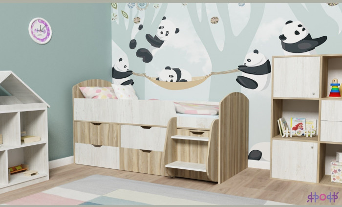 Кровать-чердак Малыш 7 (Дуб молочный/Оранжевый)