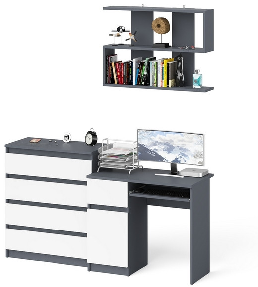Мори Стол компьютерный МС-1 левый + Комод МК800.4 + Полка 900, цвет графит/белый, ШхГхВ 170,4х50х209,6 см., НЕ универсальная сборка