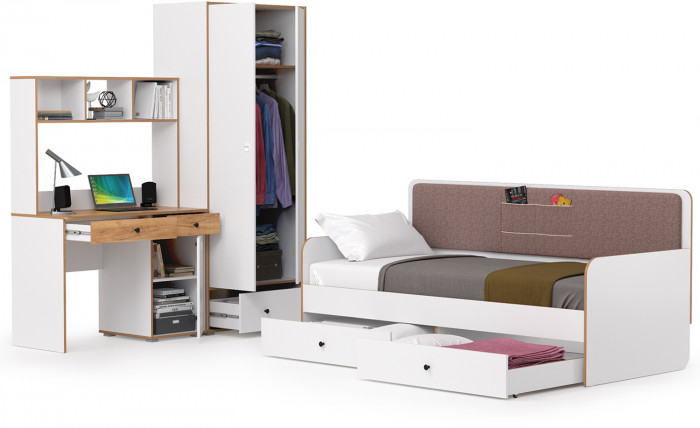 Вуди Компоновка № 38, цвет белый премиум/дуб крафт золотой/саванна латте, сп. м. 900х2000 мм., б/м, основание есть, матрас высотой до 200 мм.