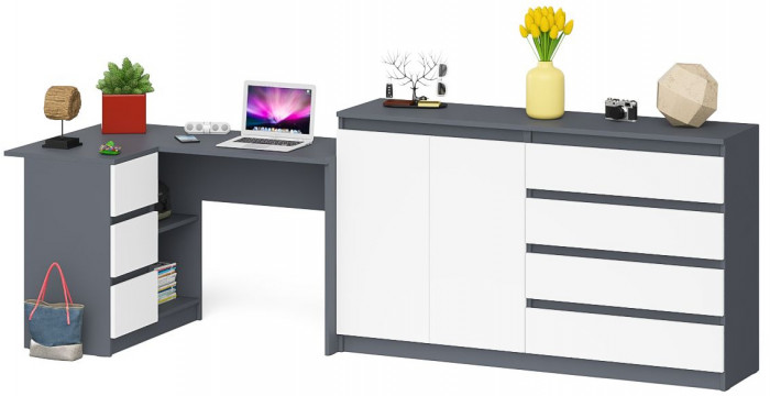 Мори компьютерный стол МС-16 левый + Комод МК1600.1, графит/белый