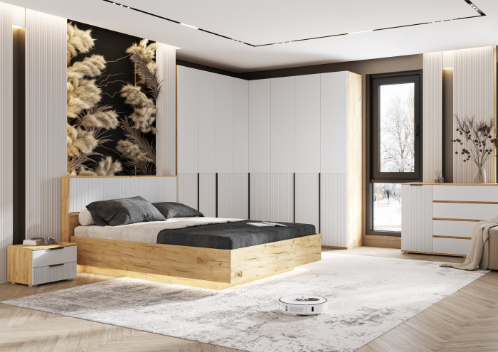 Кровать парящая с ортопед. основанием Марвэл 1,6м с подсветкой, Дуб крафт/Браш вайт