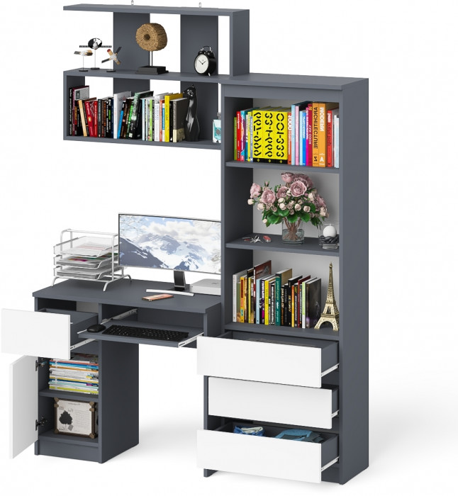 Мори Стол компьютерный МС-1 левый + Стеллаж МСТ600.3 + Полка 900, цвет графит/белый, ШхГхВ 150,4х50х209,6 см., НЕ универсальная сборка