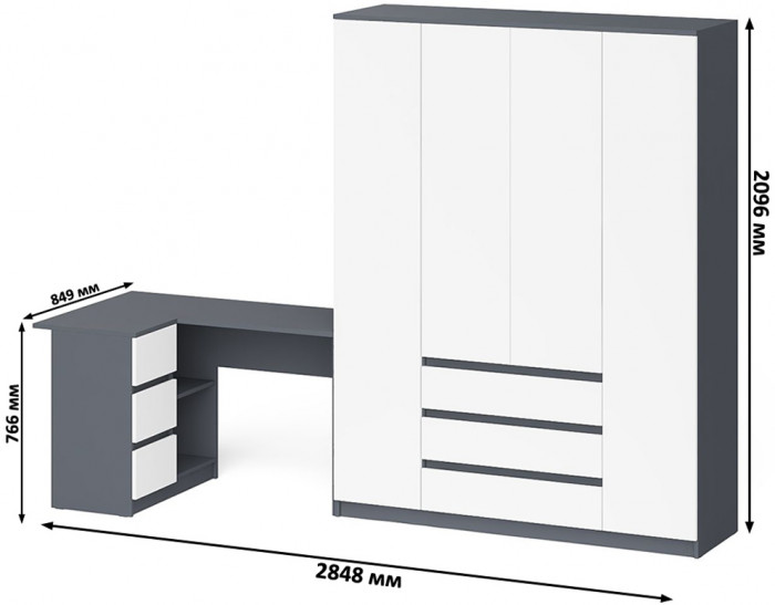 Мори Стол компьютерный МС-16 левый + Шкаф МШ1600.1, цвет графит/белый, ШхГхВ 284,8х84,9х209,6 см., выдвижные ящики слева, НЕ универсальная сборка