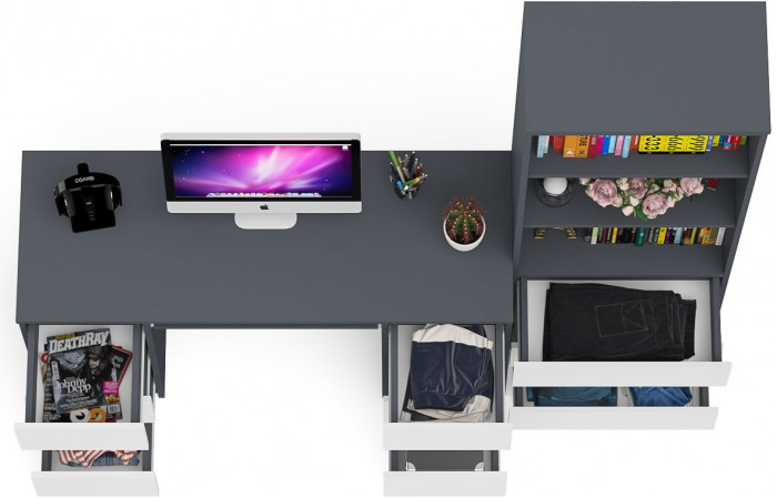 Мори Стол компьютерный МС-2 + Стеллаж МСТ600.3, цвет графит/белый, ШхГхВ 195,8х50х179,6 см., универсальная сборка