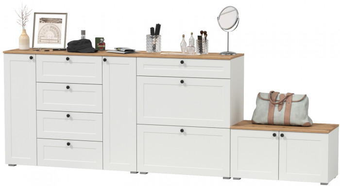 Остин 16.221 Комод + 16.121 Тумба для обуви + 13.257 Тумба, белый шагрень/дуб крафт золотой