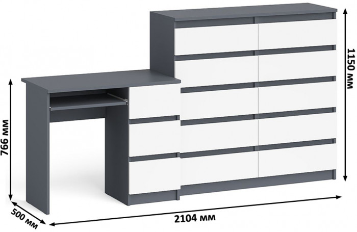 Мори Стол компьютерный МС-6 правый + Комод МК1200.10, цвет графит/белый, ШхГхВ 210,4х50х115 см., выдвижные ящики справа, НЕ универсальная сборка