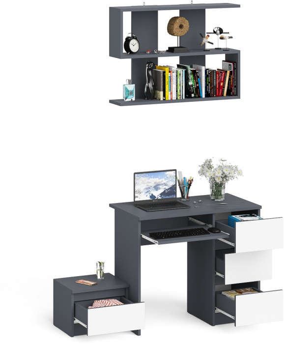 Мори Стол компьютерный МС-6 правый + Тумба ТМП400.1 + Полка 900, цвет графит/белый, ШхГхВ 130,4х50х209,6 см., НЕ универсальная сборка