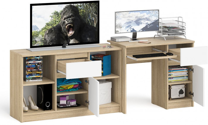 Мори Стол компьютерный МС-1 правый + Тумба МТВ1204.1, цвет дуб сонома/белый, ШхГхВ 210,4х50х76,6 см., выдвижной ящик справа, НЕ универсальная сборка
