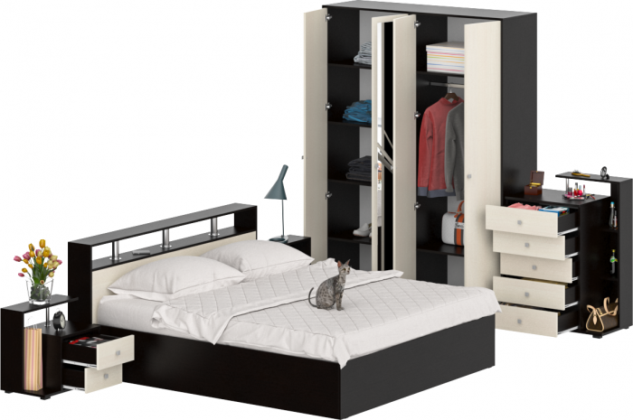 Камелия спальня № 4 Кровать 1800 + Две тумбы + Комод + Шкаф 4-х створчатый, венге/дуб лоредо