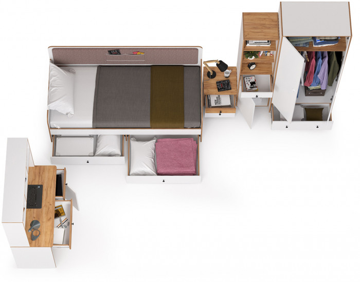 Вуди Компоновка № 39, цвет белый премиум/дуб крафт золотой/саванна латте, сп. м. 900х2000 мм., б/м, основание есть, матрас высотой до 200 мм.