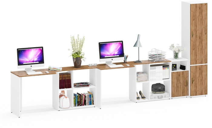 Лидер-8 Стол + Стол + Пенал МД 22Б + Тумба МД 3.19, белый шагрень/крафт золото