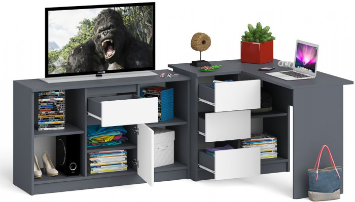 Мори компьютерный стол МС-16 левый + Тумба МТВ1204.1, графит/белый