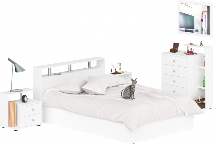 Камелия спальня № 5 Кровать 1400 + Две тумбы + Комод + Зеркало, белый