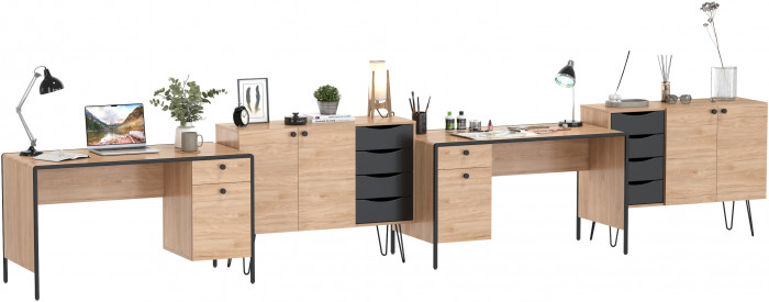 Брюс два Стола 12.157 + два Комода 16.233, цвет чёрный/дуб Сантьяго/столешница МДФ ель карпатская, 486,8х62,6(38,3)х75(85,6) см., ун. сб.