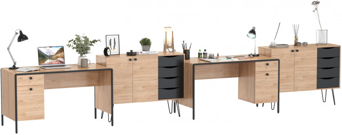 Брюс два Стола 12.157 + два Комода 16.233, цвет чёрный/дуб Сантьяго/столешница МДФ ель карпатская, 486,8х62,6(38,3)х75(85,6) см., ун. сб.