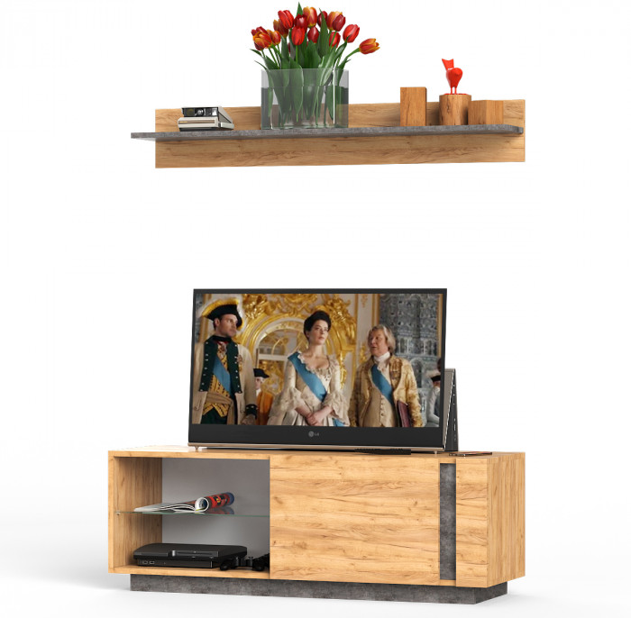 КР100 ??? Арчи № 07, цвет дуб крафт золотой/камень тёмный, ШхГхВ 130х41,3х150 см., ниша для ТВ 130х41х110 см.