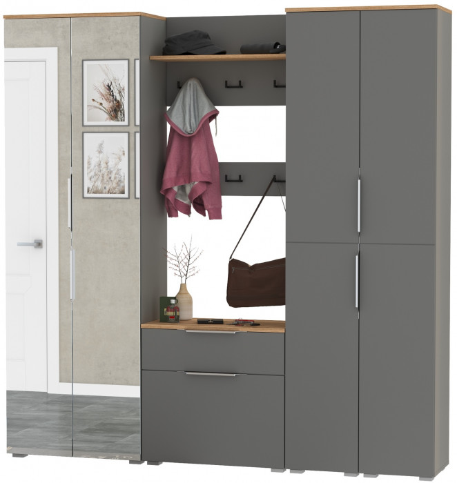 Октава Прихожая 31, цвет серый графит/дуб крафт золотой/фасады МДФ серый графит, ШхГхВ 193,7х35,4х197,6 см., универсальная сборка