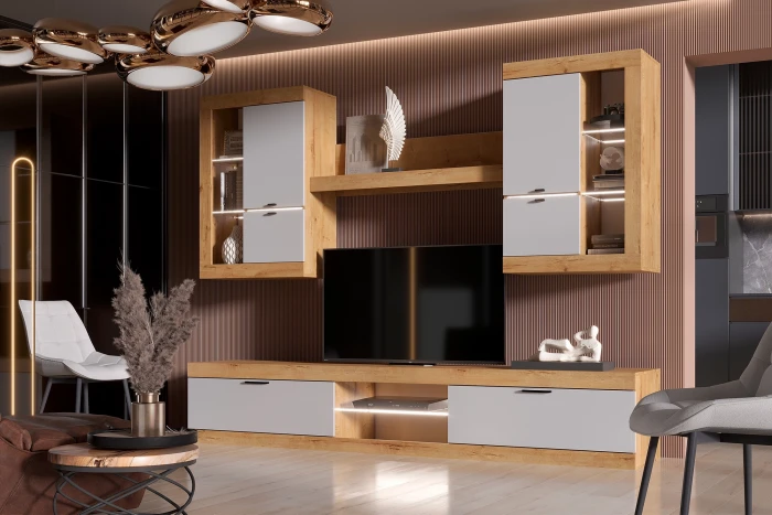 Прага Модульная Гостиная, вариант №3, вотан/Белый глянец