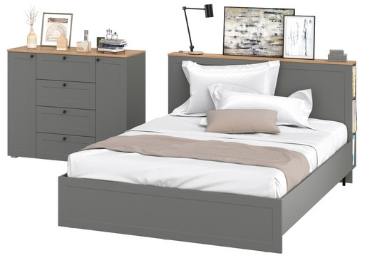 Остин 11.53 Кровать + ортопед + 16.221 Комод, серый графит/дуб крафт золотой