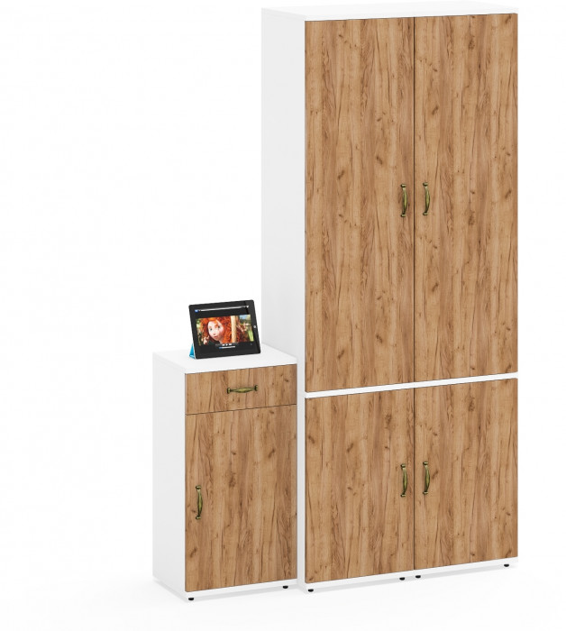 Лидер-8 Пенал МД 22Б + Пенал МД 22Б + Тумба МД 3.15, цвет белый шагрень/крафт золото, ШхГхВ 120х37,5х190 см., универсальная сборка