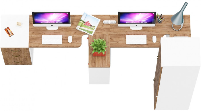 Лидер-8 Стол + Стол + Пенал МД 23Б + Тумба МД 3.16, цвет белый шагрень/крафт золото, ШхГхВ 410х50х75/190 или 270х120/50х75/190 см., НЕ ун. сб.