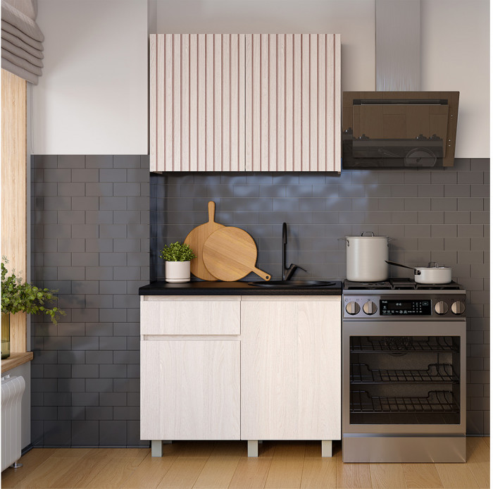 Готовая кухня Тренд 1.0 м, Ясень белый, Черный янтарь