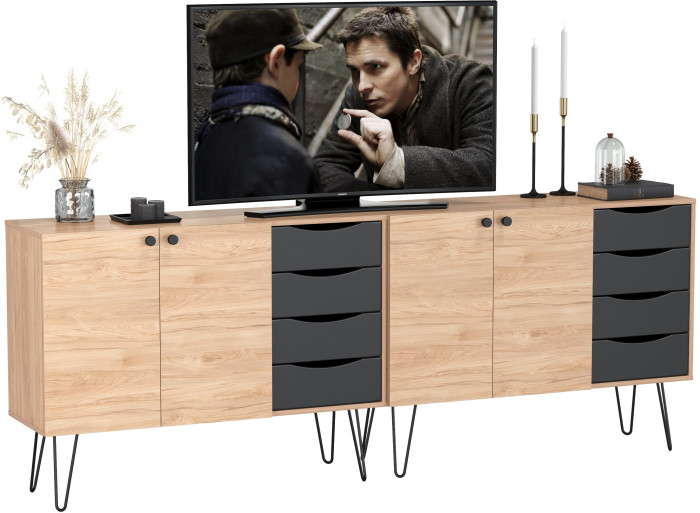 Брюс Комод-тумба 16.233 + Брюс Комод-тумба 16.233, цвет чёрный/дуб Сантьяго, ШхГхВ 226,8х38,3х85,6 см., универсальная сборка