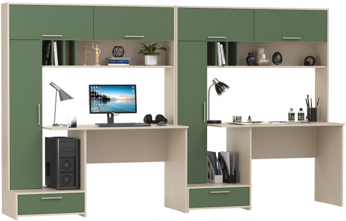 Лайт Стол письменный 03.243Н + Лайт Стол письменный 03.243Н, цвет сатин/дымчатый зелёный, ШхГхВ 300,4х57,3х179,9 см., НЕ универсальная сборка