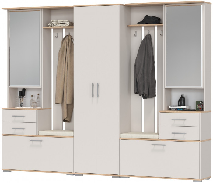 Прихожая Домино 3, цвет дуб крафт золотой/кашемир серый, ШхГхВ 260х36х202 см., универсальная сборка