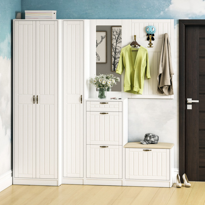 Прихожая П-6 Компоновка № 31, цвет белая шагрень/фасады МДФ белое дерево фрезеровка прованс, ШхГхВ 200х50х210 см., универсальная сборка