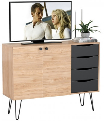 Брюс Комод-тумба 16.233, цвет чёрный/дуб Сантьяго, ШхГхВ 113,4х38,3х85,6 см., универсальная сборка, две дверки и четыре выдвижных ящика