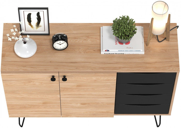 Брюс Комод-тумба 16.233, цвет чёрный/дуб Сантьяго, ШхГхВ 113,4х38,3х85,6 см., универсальная сборка, две дверки и четыре выдвижных ящика