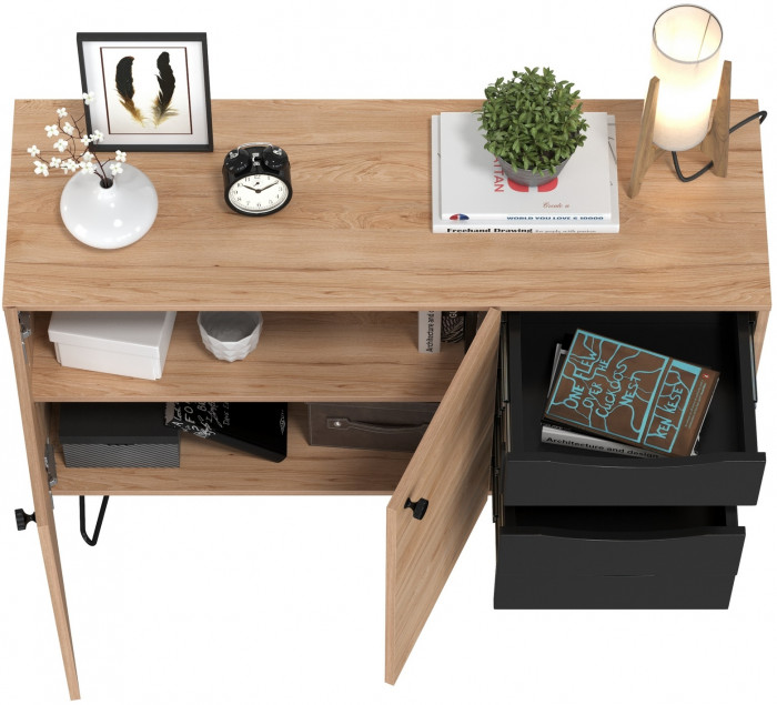 Брюс Комод-тумба 16.233, цвет чёрный/дуб Сантьяго, ШхГхВ 113,4х38,3х85,6 см., универсальная сборка, две дверки и четыре выдвижных ящика