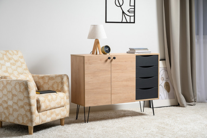 Брюс Комод-тумба 16.233, цвет чёрный/дуб Сантьяго, ШхГхВ 113,4х38,3х85,6 см., универсальная сборка, две дверки и четыре выдвижных ящика