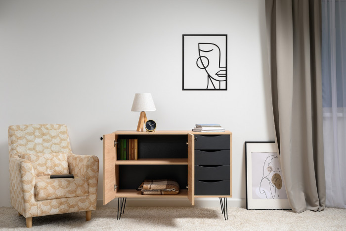 Брюс Комод-тумба 16.233, цвет чёрный/дуб Сантьяго, ШхГхВ 113,4х38,3х85,6 см., универсальная сборка, две дверки и четыре выдвижных ящика