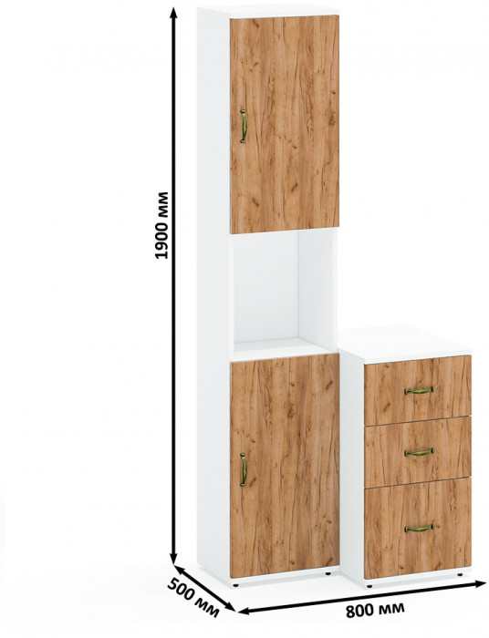 Лидер-8 Пенал + Тумба МД 3.16, цвет белый шагрень/крафт золото, ШхГхВ 80х50х190 см., универсальная сборка