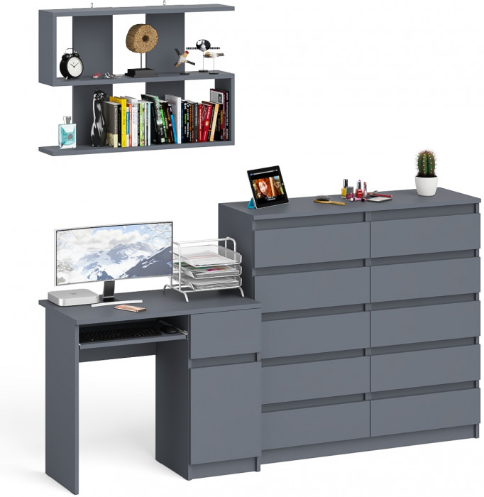 Мори Стол компьютерный МС-1 правый + Комод МК1200.10 + Полка 900, цвет графит, ШхГхВ 210,4х50х209,6 см., НЕ универсальная сборка