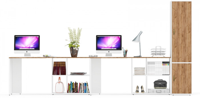 Лидер-8 Стол + Стол + Пенал МД 23Б, цвет белый шагрень/крафт золото, ШхГхВ 370х50х75/190 или 230х120/50х75/190 см., НЕ универсальная сборка