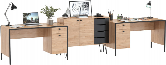 Брюс Стол 12.157 + Комод 16.233 + Стол 12.157, цвет чёрный/дуб Сантьяго/столешница МДФ ель карпатская, 373,4х62,6(38,3)х75(85,6) см., ун. сб.
