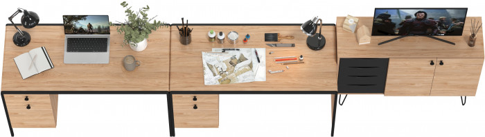 Брюс Стол 12.157 + Комод 16.233 + Стол 12.157, цвет чёрный/дуб Сантьяго/столешница МДФ ель карпатская, 373,4х62,6(38,3)х75(85,6) см., ун. сб.